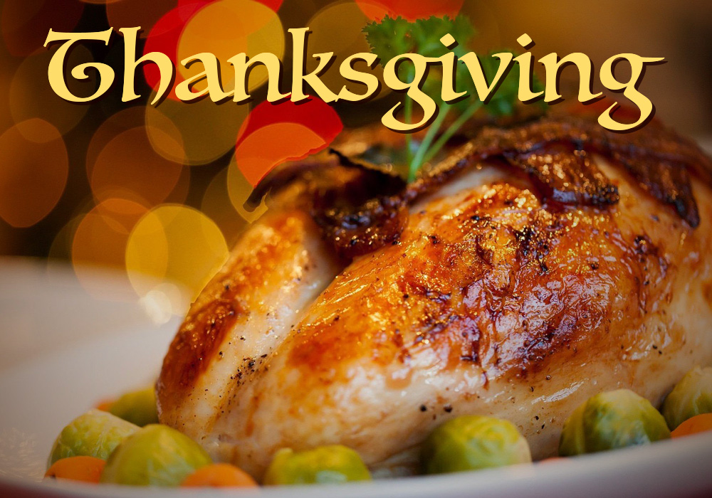 "Thanksgiving" title over an image of a roasted turkey and vegetables 