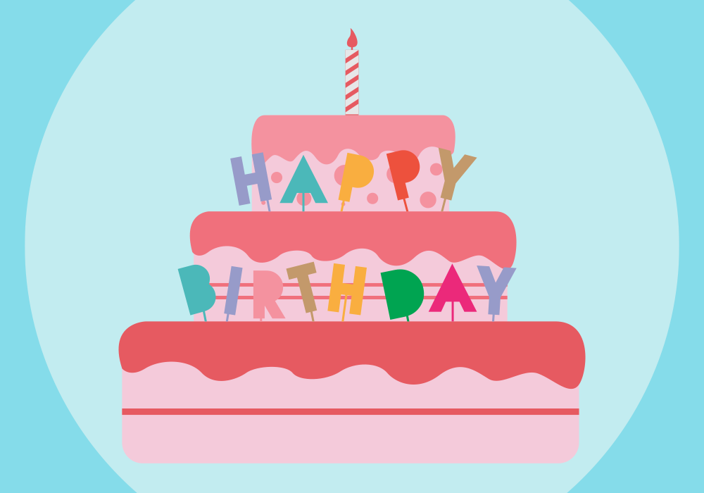 A birthday cake with on lit candle and the words "Happy Birthday" in decoration on the cake.